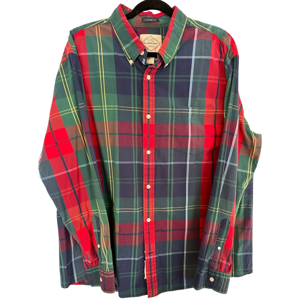 ST JOHNS BAY Mens XL Classic Fit Plaid Button Down Shirt Long Sleeve 100‎ Cotton